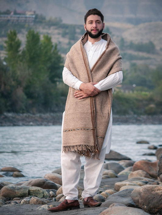 Chitral Highland Premium Sheep Wool Shawl - Handmade Thick Light Brown Shawl with Geometric Artistic Border