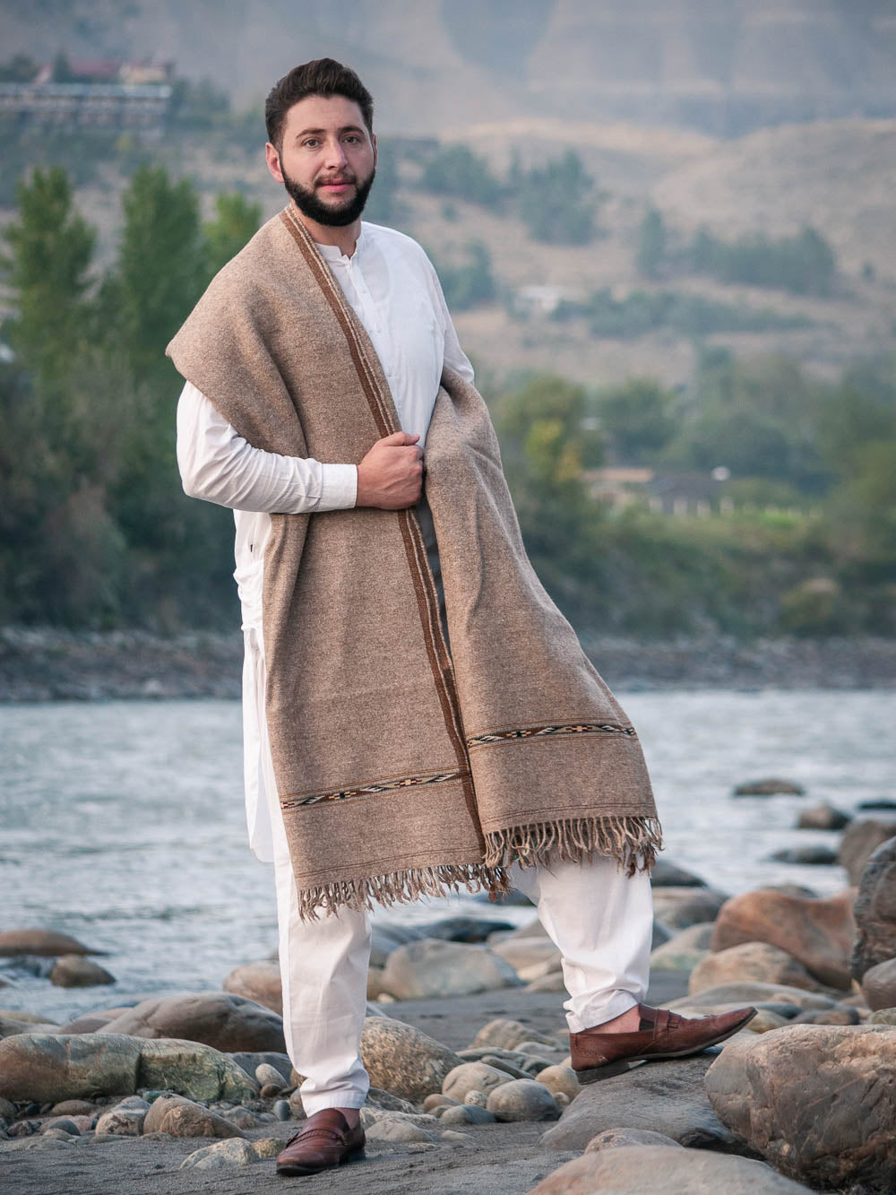 Chitral Highland Premium Sheep Wool Shawl - Handmade Thick Light Brown Shawl with Geometric Artistic Border - Chitral Wool