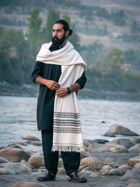 Chitral Heritage Woolen Shawl - Classic White with Multicolor Border