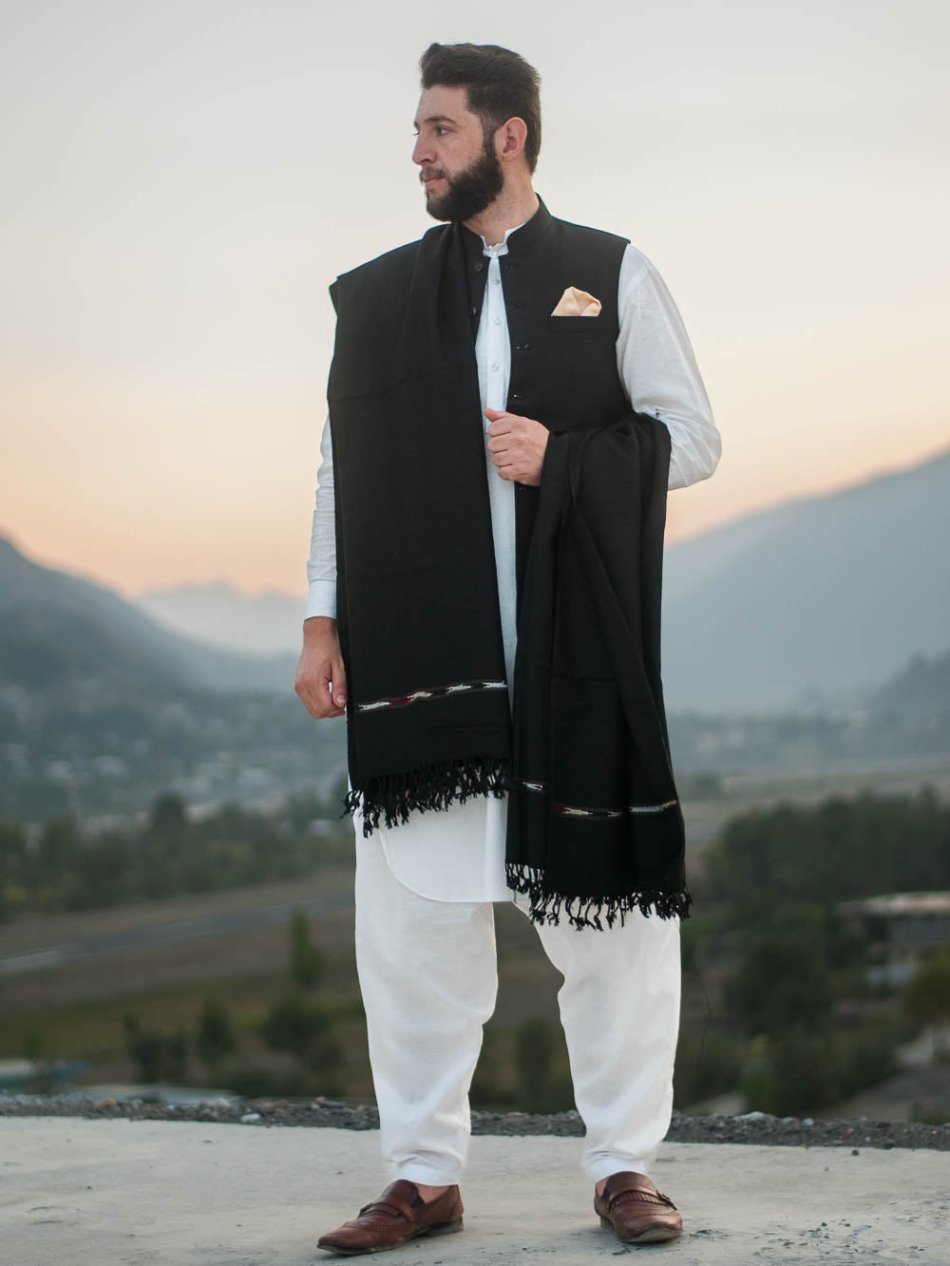 lightweight Black Swati handwoven Woolen shawl for men