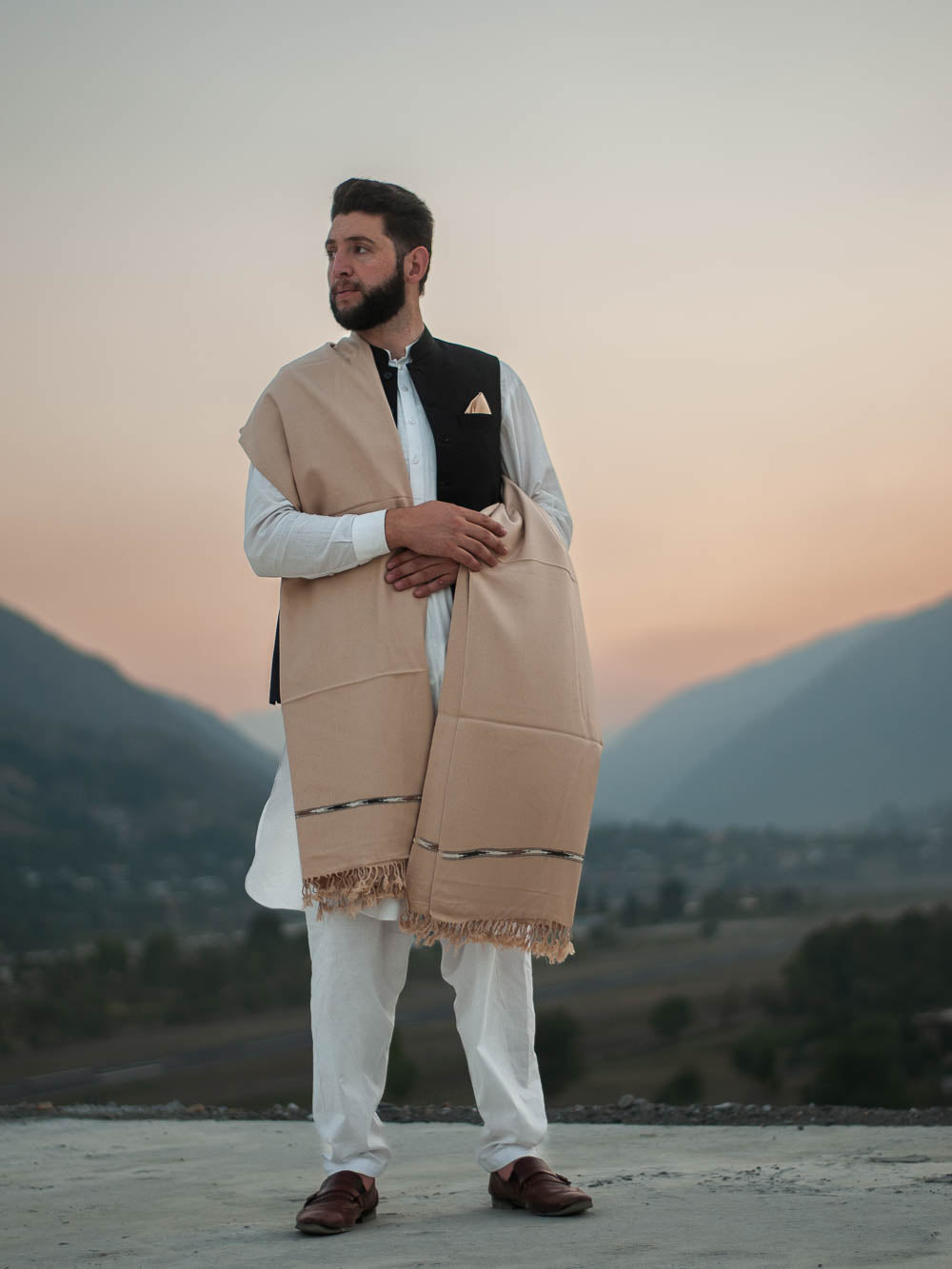 Camel Color Swati Woolen Shawl for Men - Handmade