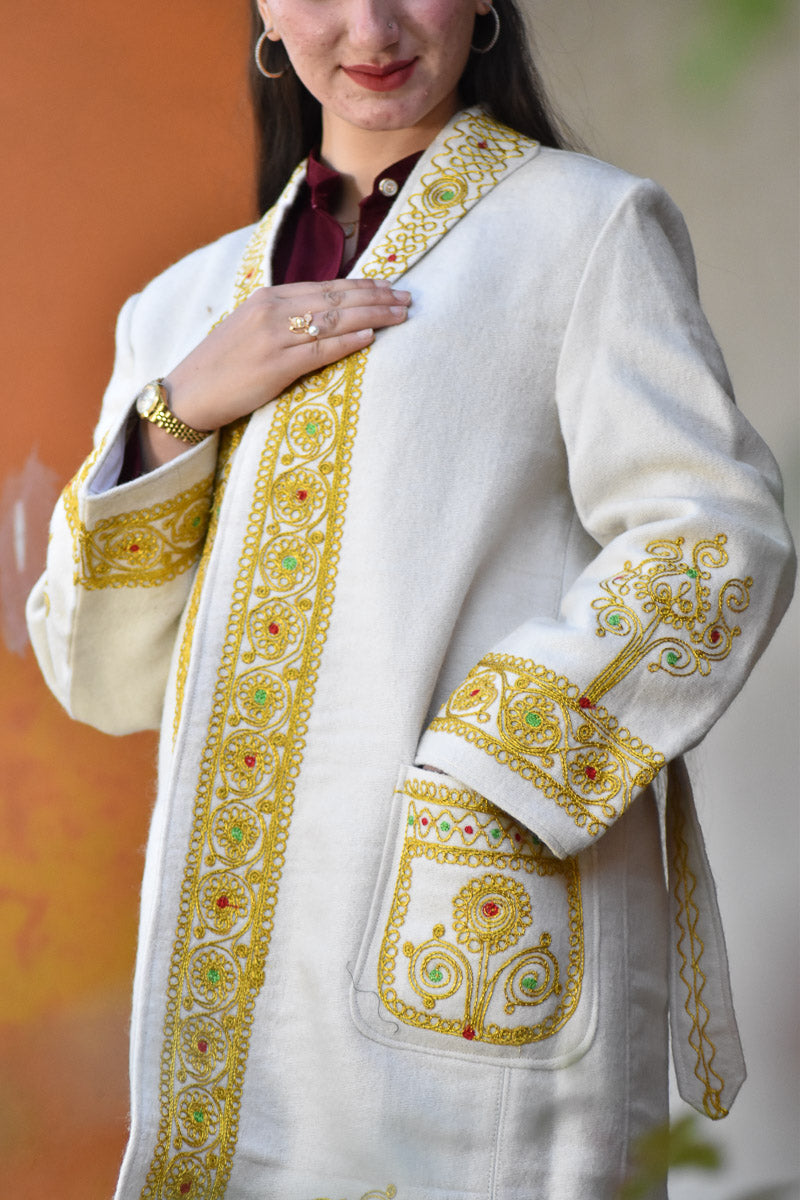 Chitrali Wool Women’s Handwoven Long Coat — Lightweight, Warm & Stylish - Off White Color - Chitral Wool