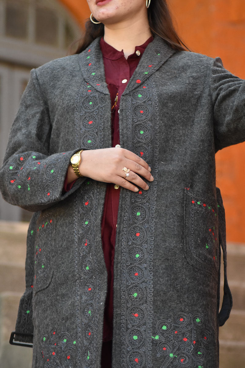 Chitrali Wool Women’s Handwoven Long Coat — Lightweight, Warm & Stylish - Jet Black Color - Chitral Wool