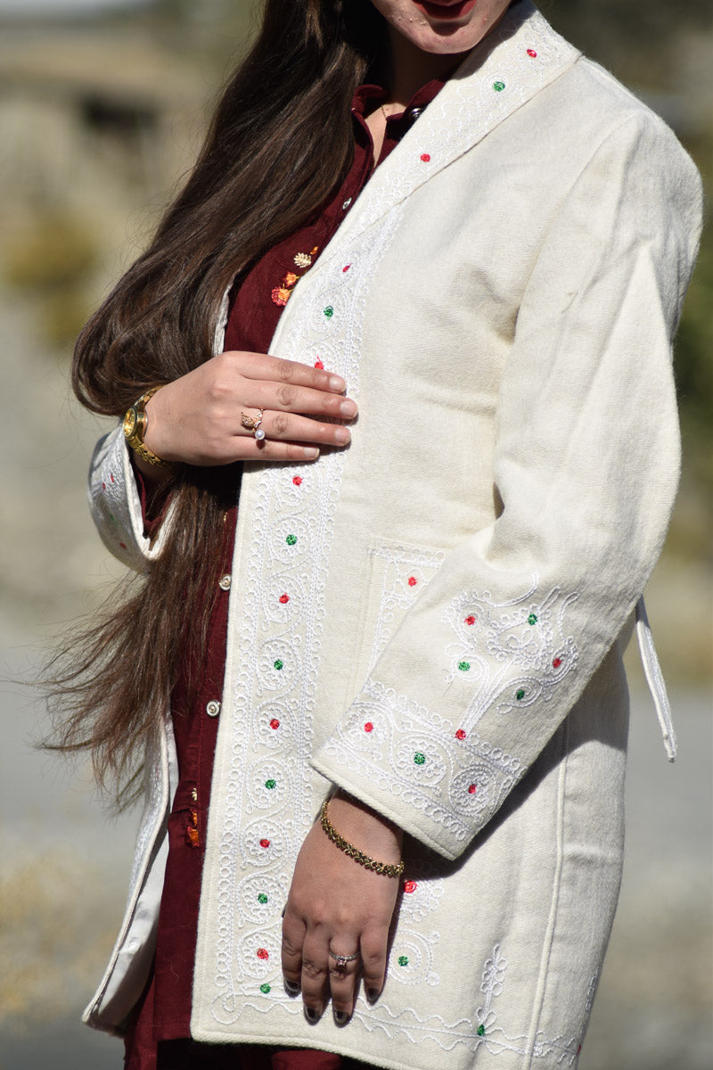 Chitrali Wool Women’s Handwoven Long Coat — Lightweight, Warm & Stylish - White Color - Chitral Wool