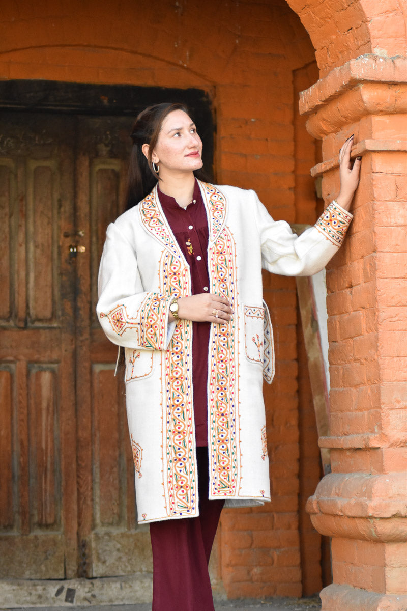 Chitrali Wool Women’s Handwoven Long Coat — Lightweight, Warm & Stylish - Off White Color - Chitral Wool