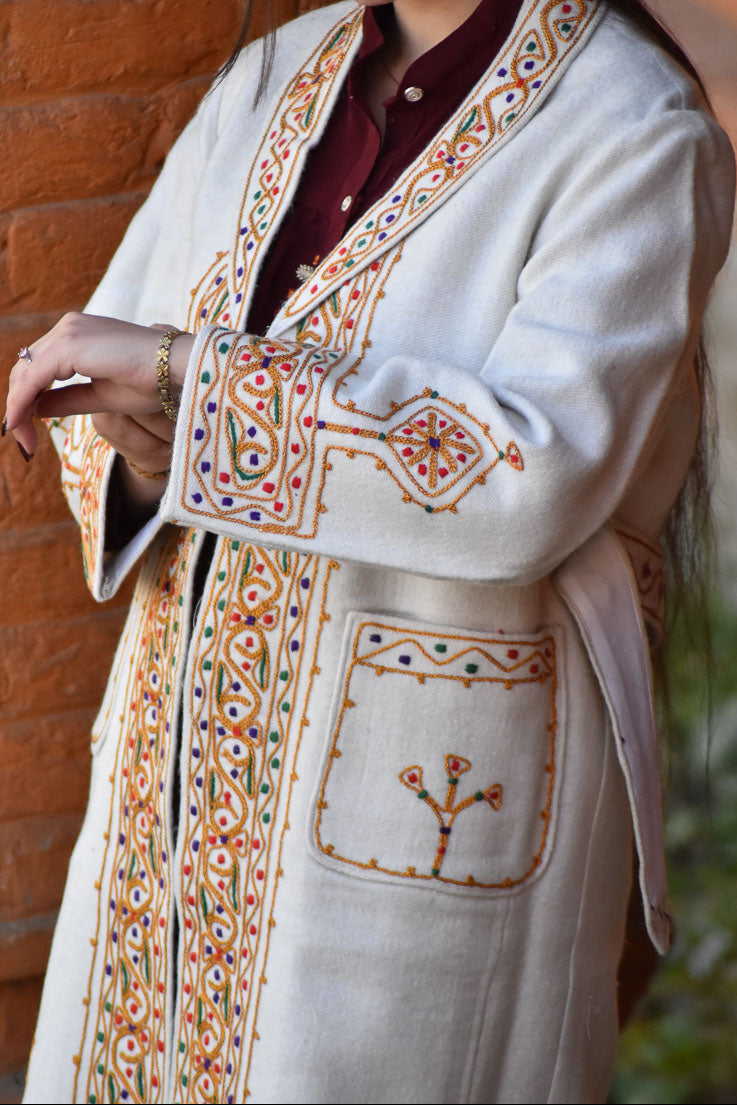 Chitrali Wool Women’s Handwoven Long Coat — Lightweight, Warm & Stylish - Off White Color - Chitral Wool