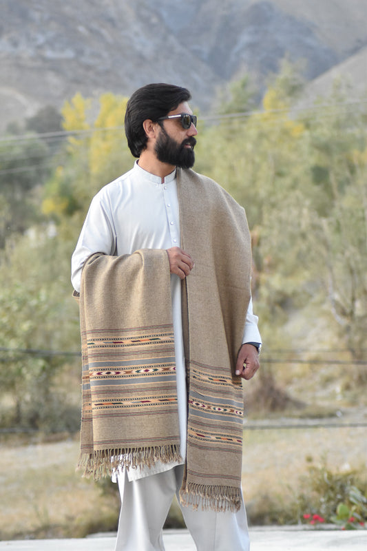 Mughal Heritage 2.0 Pure Wool Thick Shawl - Brown Shawl with Vintage Border Design - Chitral Wool