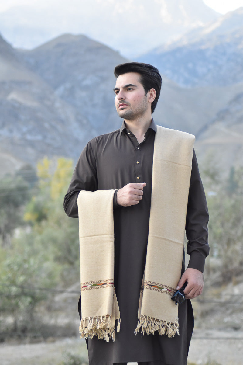 Handwoven Light Beige Pure Wool Shawl with Border - Lightweight - Chitral Wool