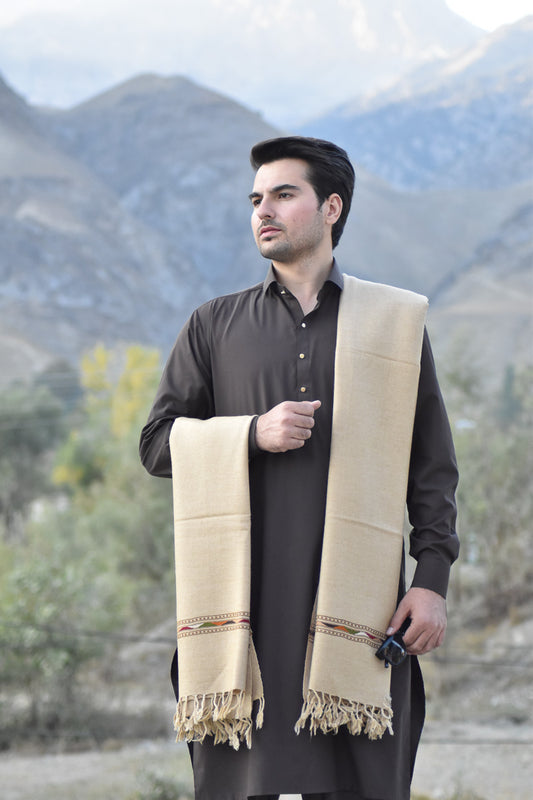 Handwoven Light Beige Pure Wool Shawl with Border - Lightweight - Chitral Wool