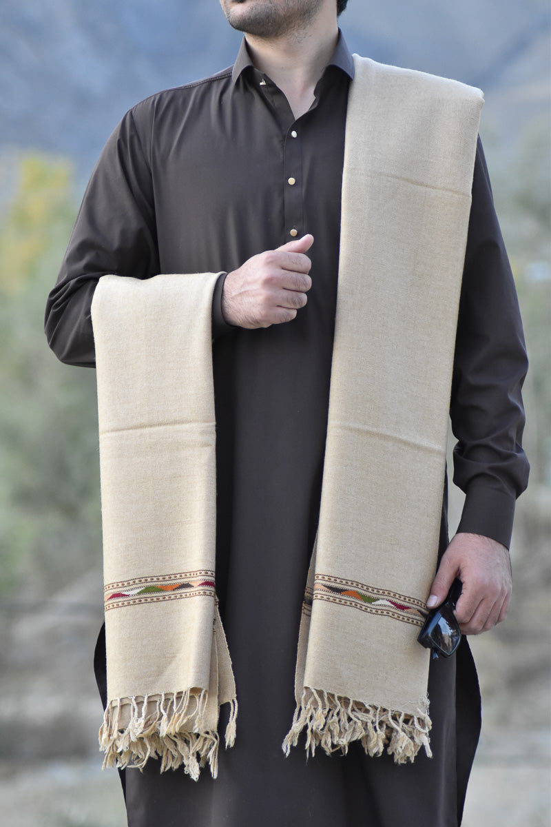 Handwoven Light Beige Pure Wool Shawl with Border - Lightweight - Chitral Wool