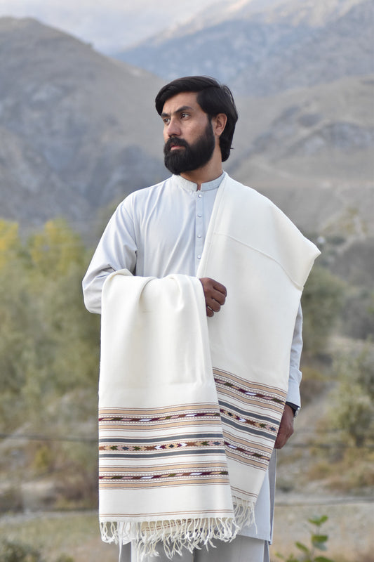 Premium White Pure Woolen Shawl for Men with Heritage Border - Handmade - Chitral Wool