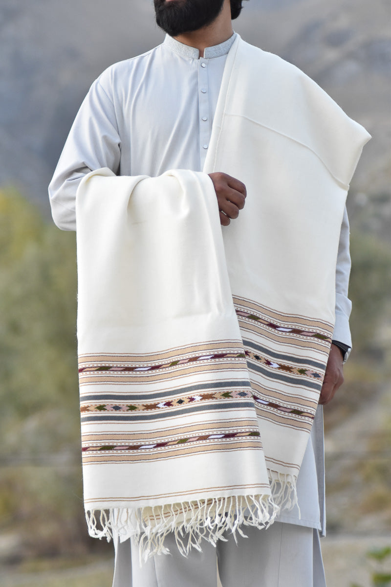 Premium White Pure Woolen Shawl for Men with Heritage Border - Handmade - Chitral Wool