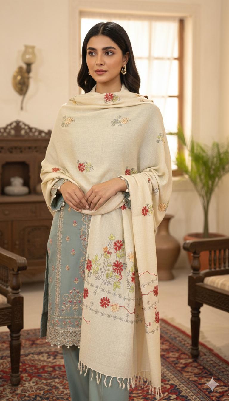 Handmade Chitrali Woolen Shawl for Women - Hand Embroidery - Chitral Wool