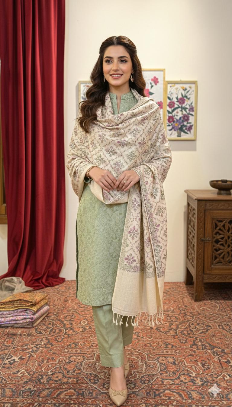 Woman in a green traditional outfit with a beige shawl in a decorated room.