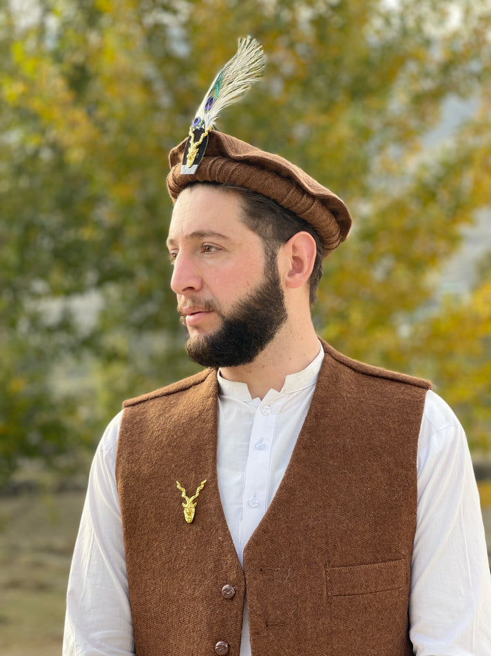 Chitrali Cap With Feather and Makhor Lapel Pin – Chitral Wool