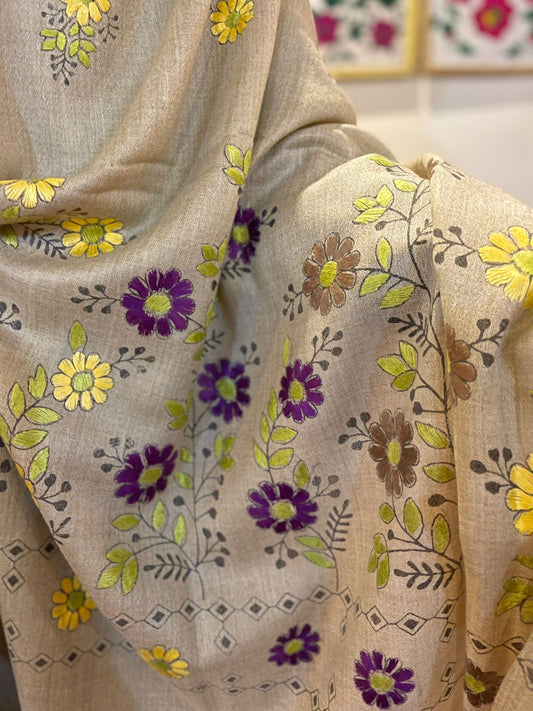 Blue and Yellow Flower shawl for women - Chitral Wool