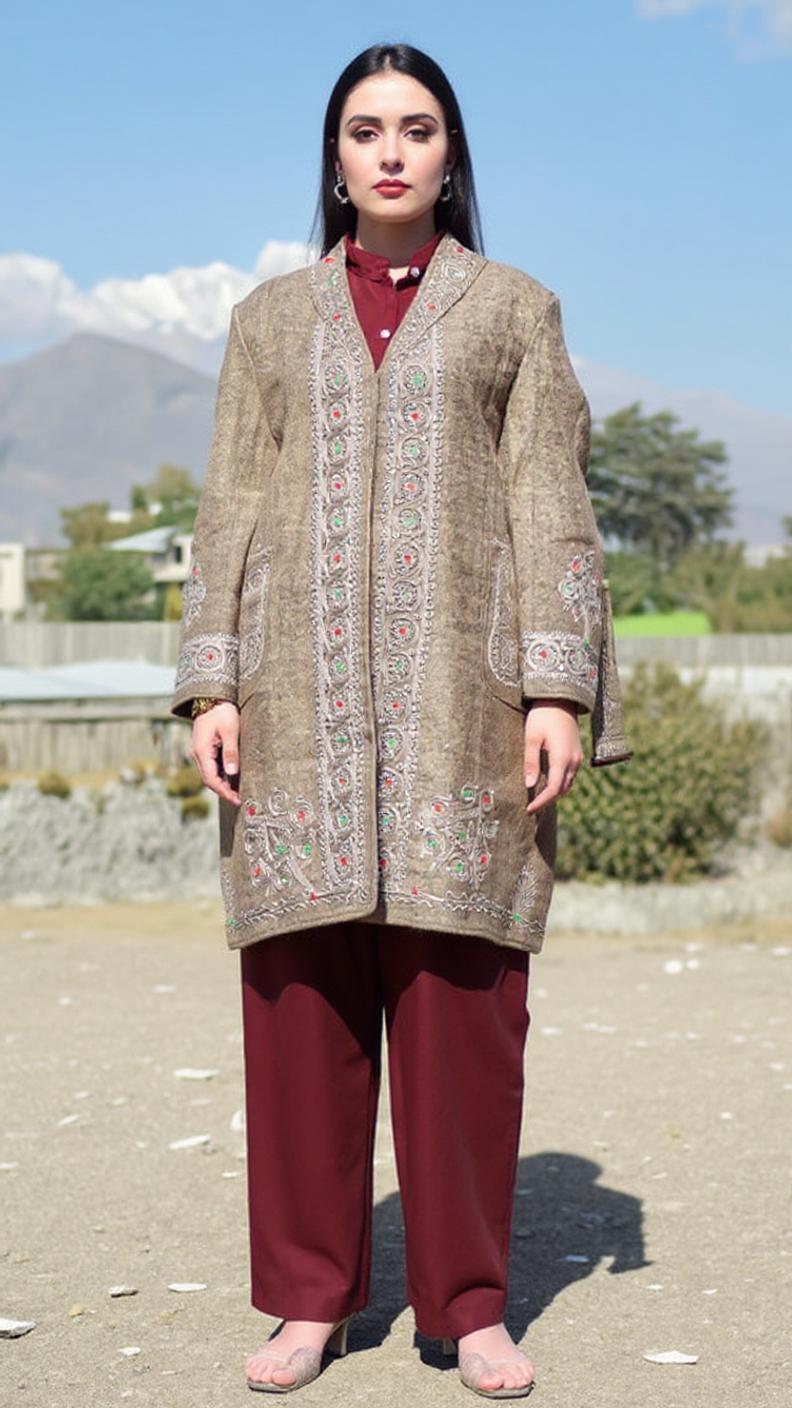 Chitrali Wool Women’s Handwoven Long Coat — Lightweight, Warm & Stylish - Light Brown Color