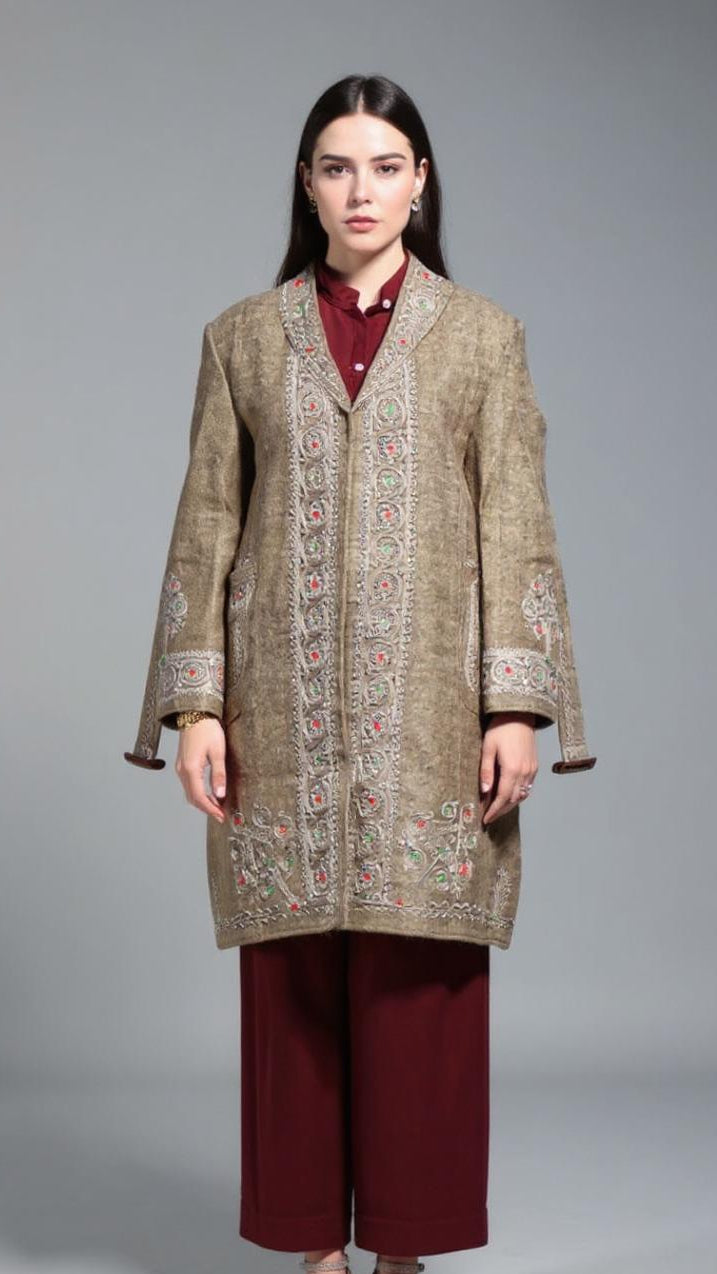 Chitrali Wool Women’s Handwoven Long Coat — Lightweight, Warm & Stylish - Light Brown Color