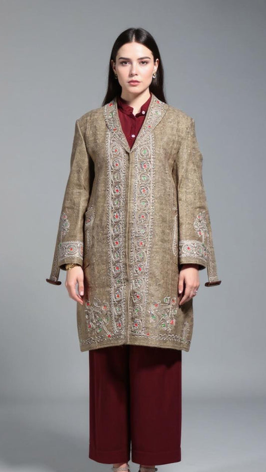 Chitrali Wool Women’s Handwoven Long Coat — Lightweight, Warm & Stylish - Light Brown Color
