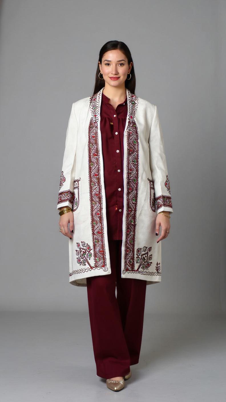 Chitrali Wool Women’s Handwoven Long Coat — Lightweight, Warm & Stylish - Off  White Color