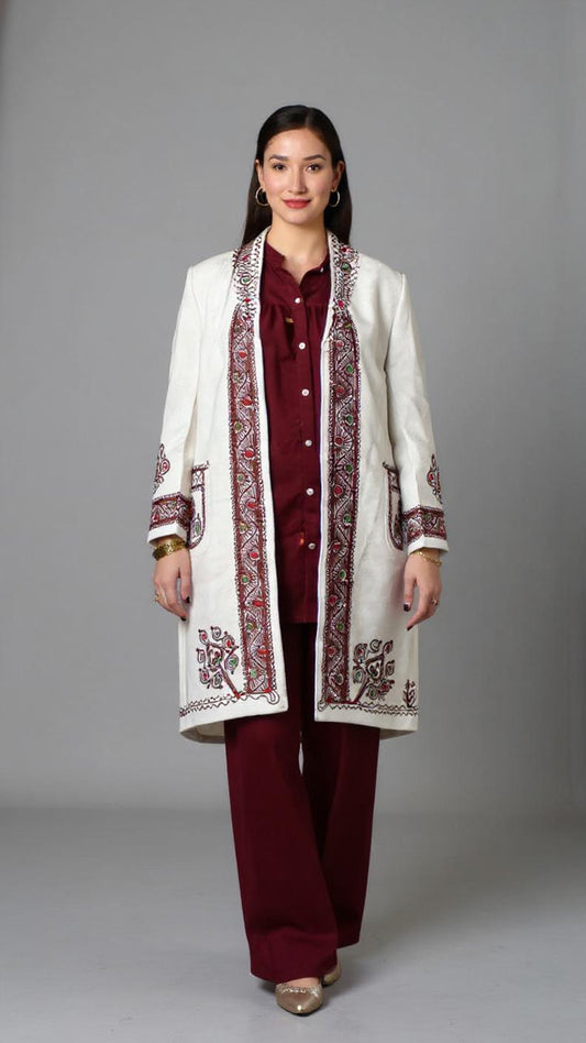 Chitrali Wool Women’s Handwoven Long Coat — Lightweight, Warm & Stylish - Off  White Color