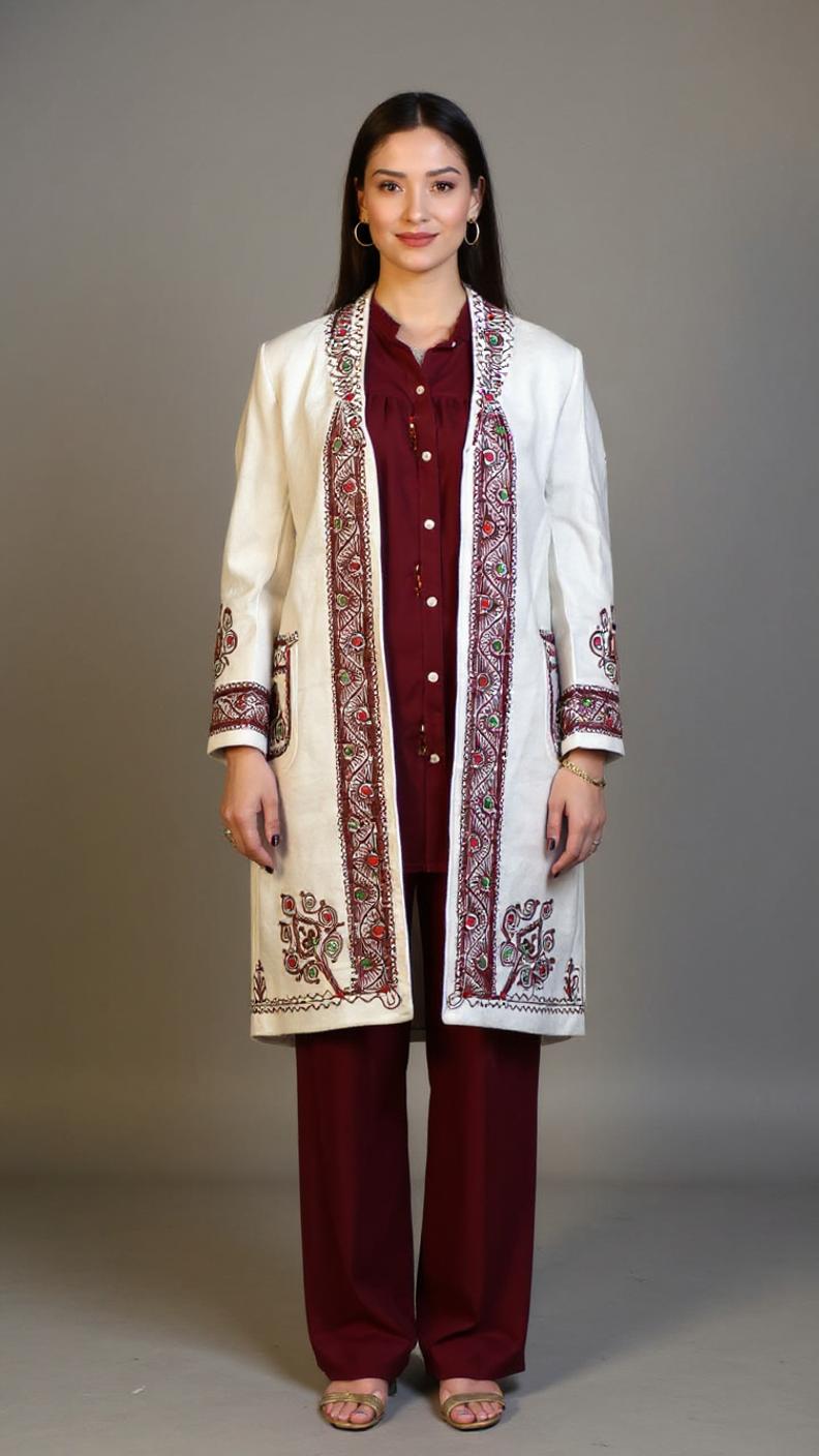 Chitrali Wool Women’s Handwoven Long Coat — Lightweight, Warm & Stylish - Off  White Color