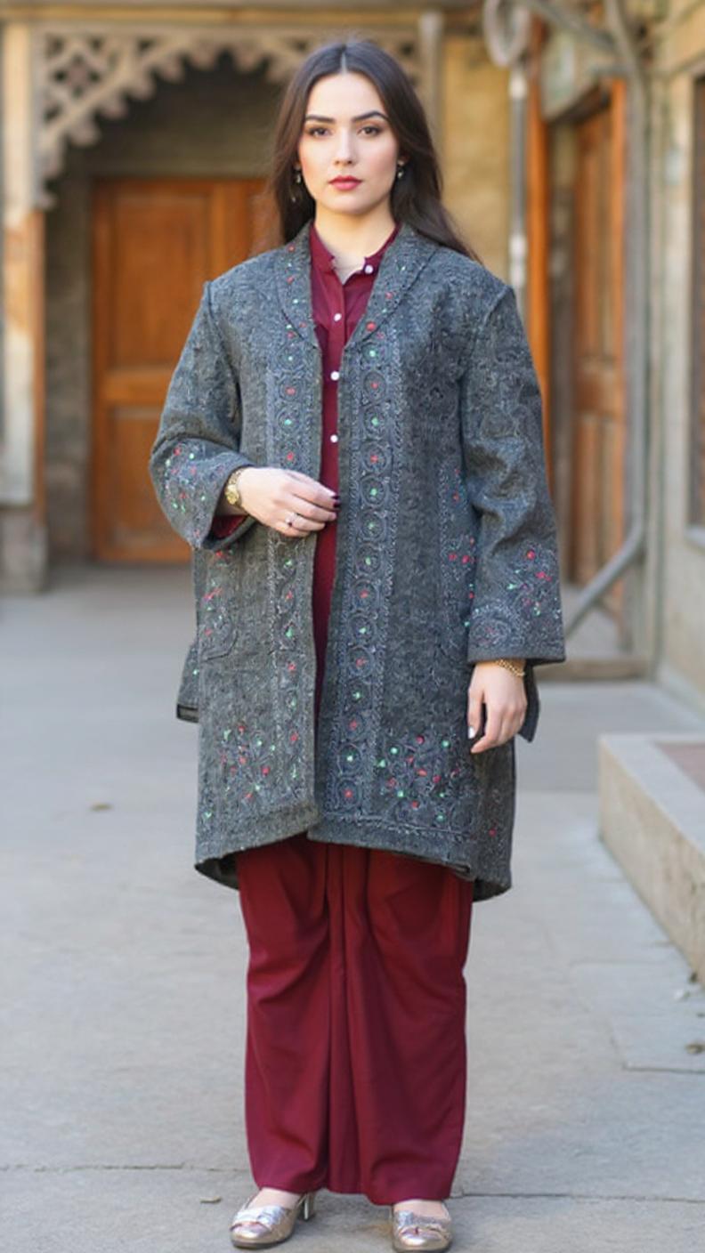 Chitrali Wool Women’s Handwoven Long Coat — Lightweight, Warm & Stylish - Jet Black Color