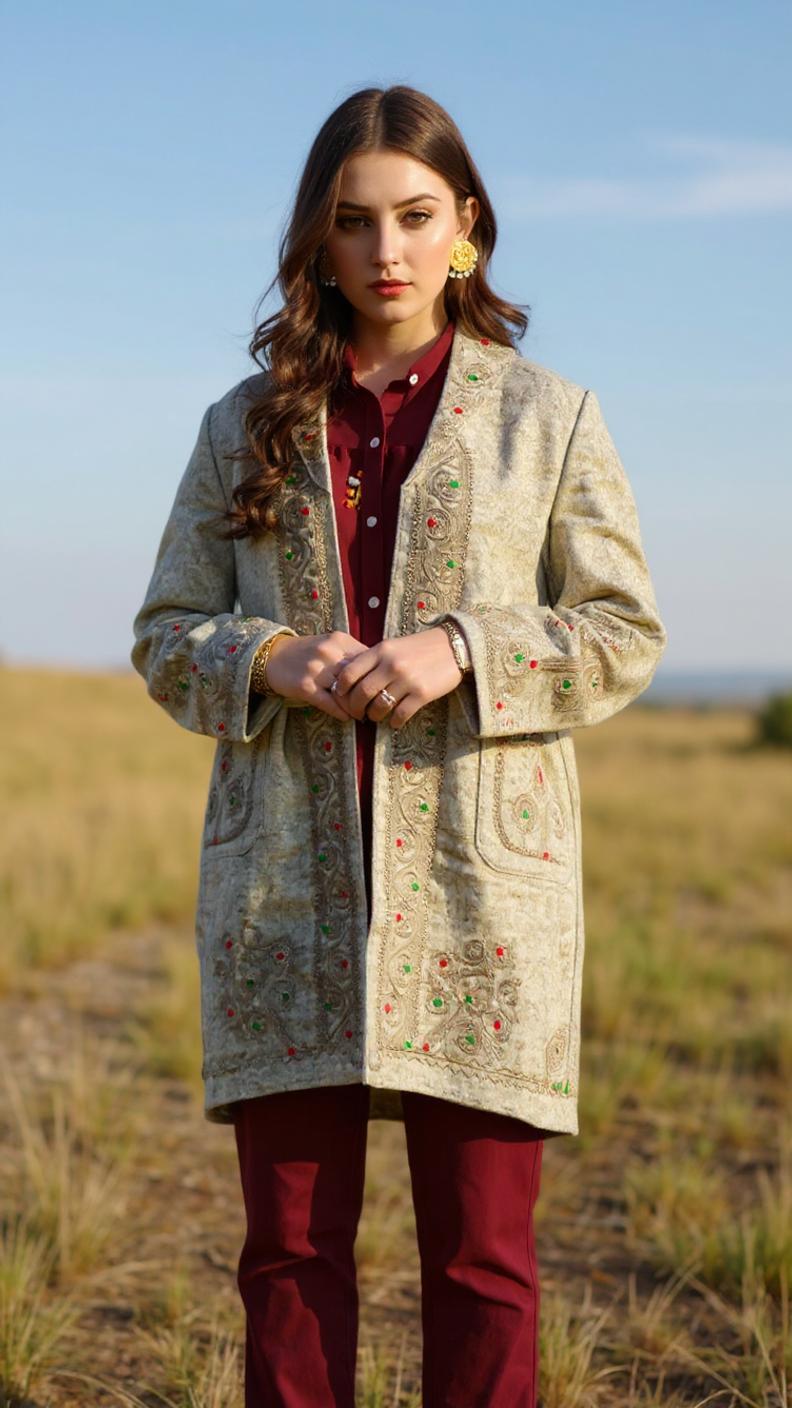Chitrali Wool Women’s Handwoven Long Coat — Lightweight, Warm & Stylish - Creamish Color
