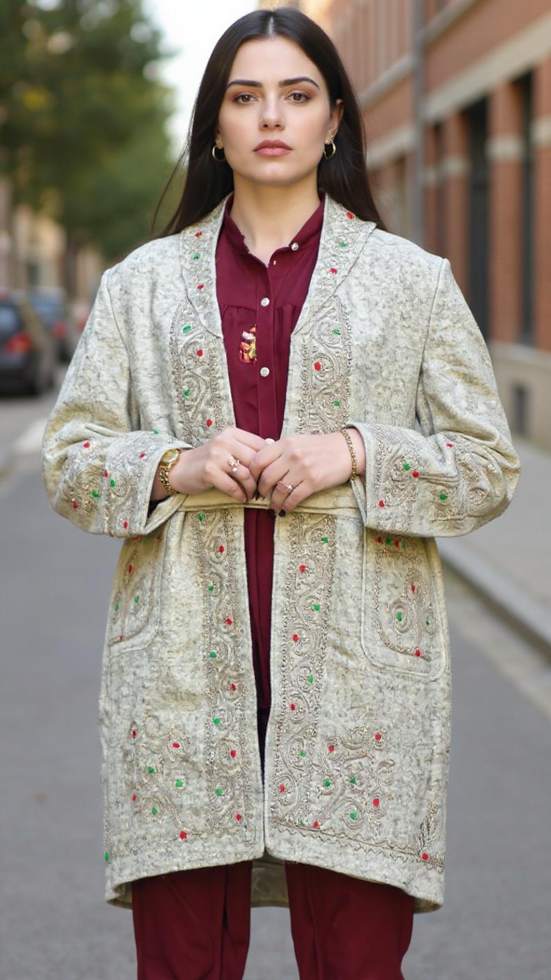 Chitrali Wool Women’s Handwoven Long Coat — Lightweight, Warm & Stylish - Creamish Color
