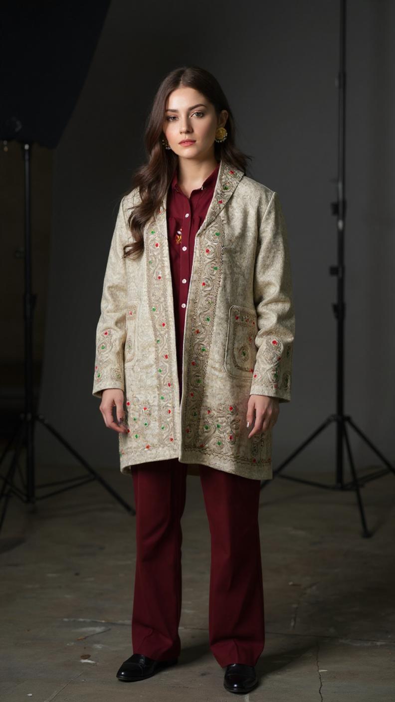 Chitrali Wool Women’s Handwoven Long Coat — Lightweight, Warm & Stylish - Creamish Color