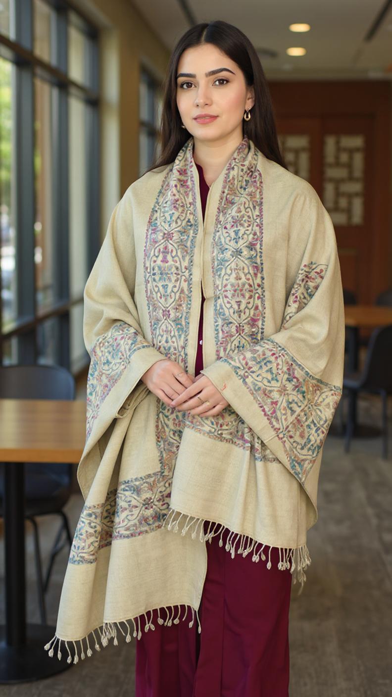 Noor Beige – Handmade Chitrali Woolen Shawl for Women - Chitral Wool
