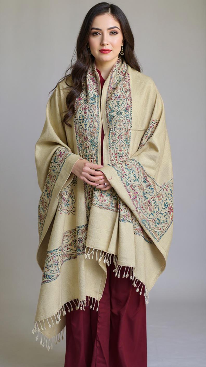 Noor Beige – Handmade Chitrali Woolen Shawl for Women - Chitral Wool