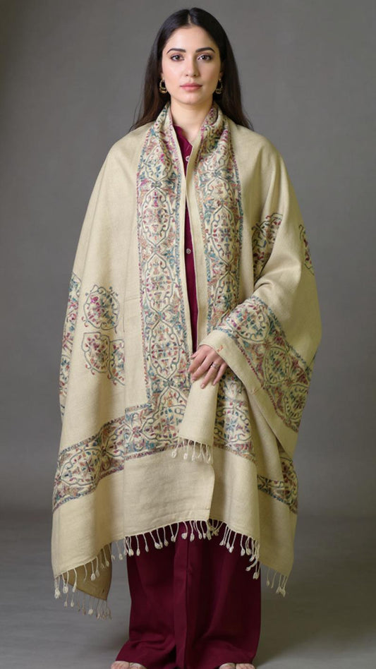 Noor Beige – Handmade Chitrali Woolen Shawl for Women - Chitral Wool