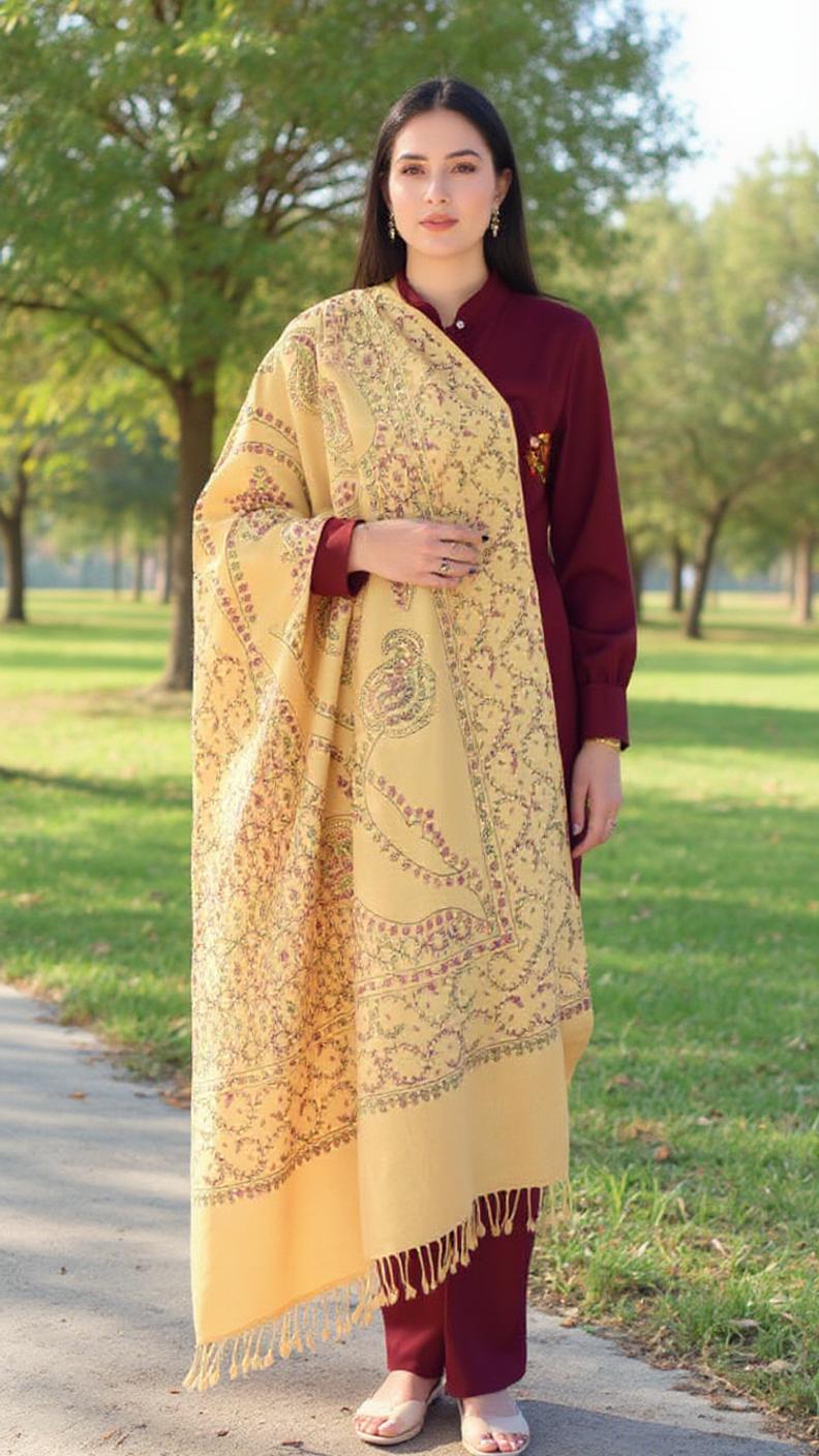 Handmade Embroidery Shawl for Women - Deep Saffron Color - Chitral Wool