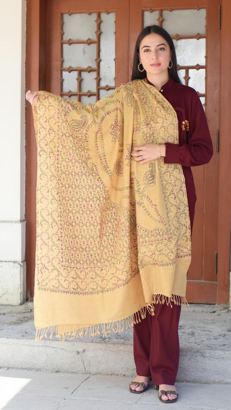 Handmade Embroidery Shawl for Women - Deep Saffron Color - Chitral Wool