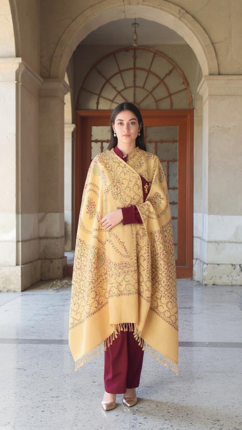 Handmade Embroidery Shawl for Women - Deep Saffron Color - Chitral Wool