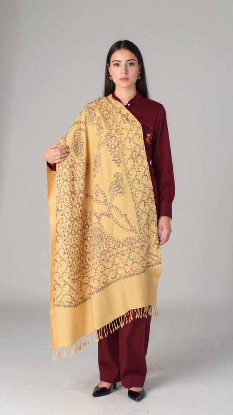 Handmade Embroidery Shawl for Women - Deep Saffron Color - Chitral Wool