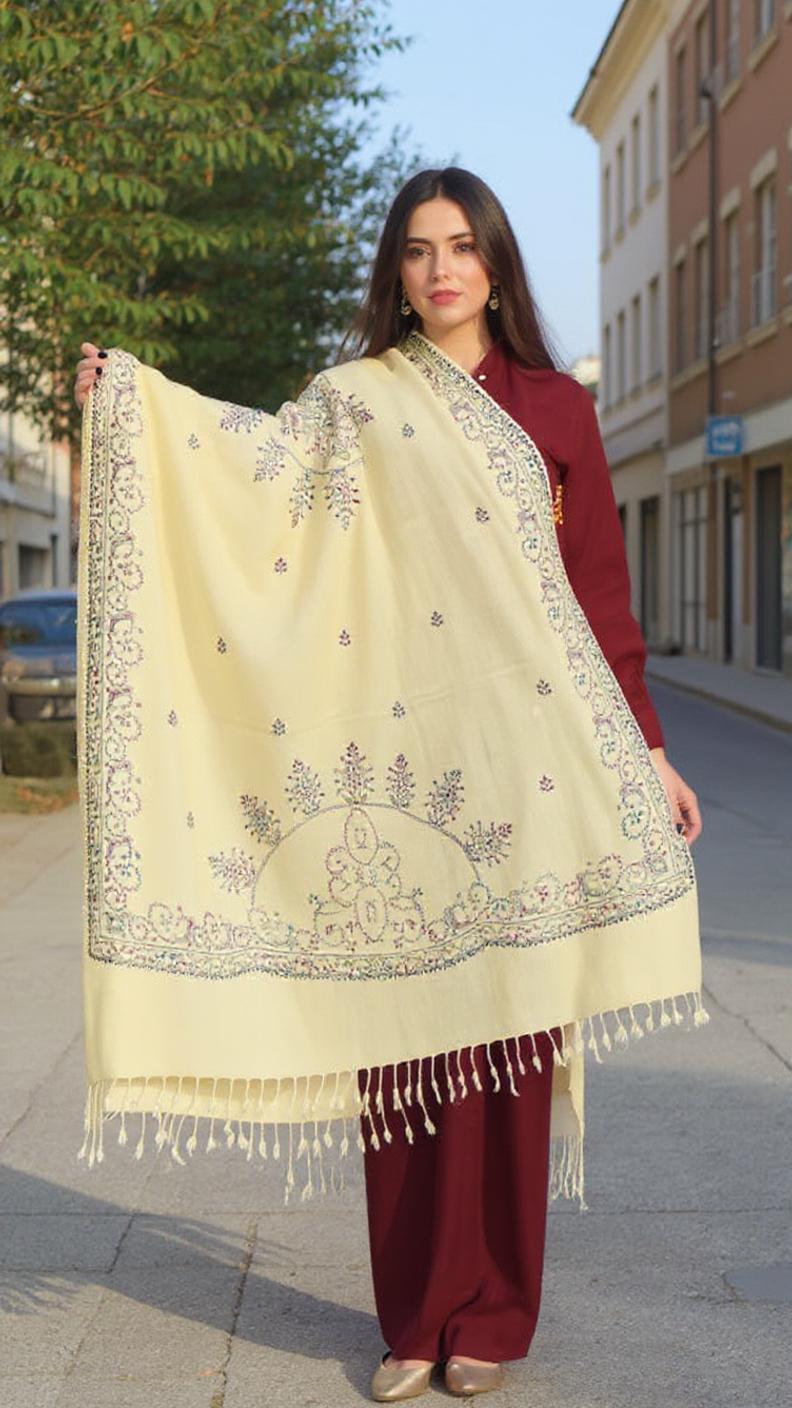 Handmade Embroidery Shawl for Women  - Cream Color - Chitral Wool