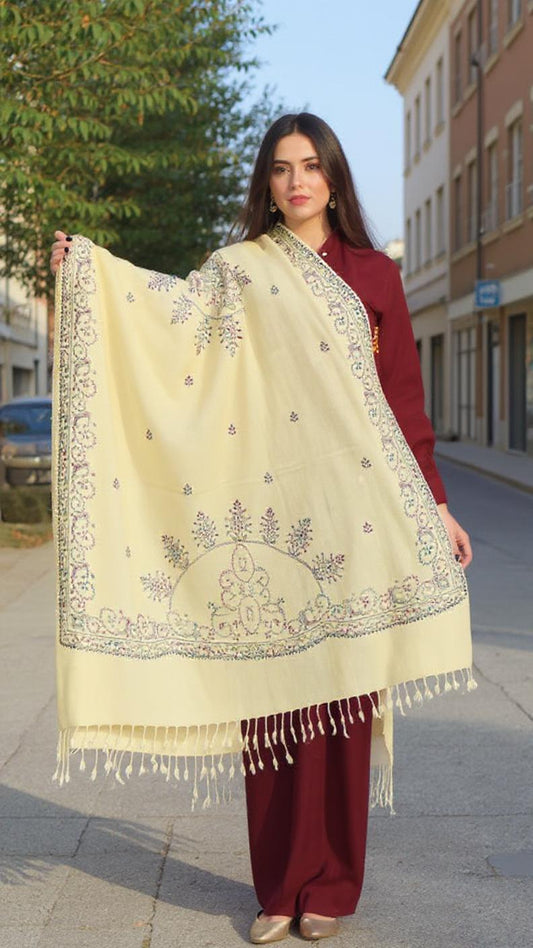 Handmade Embroidery Shawl for Women  - Cream Color - Chitral Wool