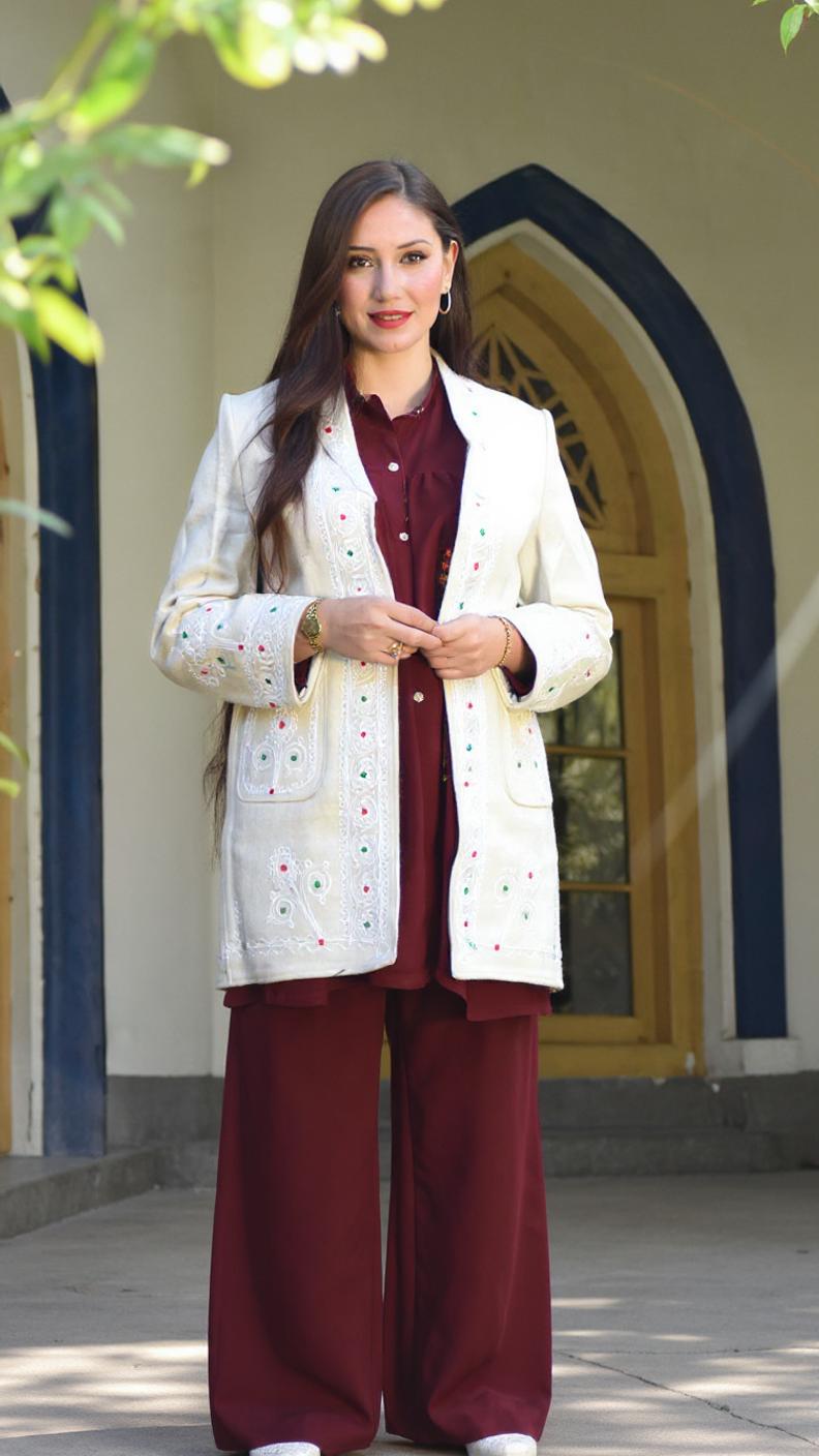 Chitrali Wool Women’s Handwoven Long Coat — Lightweight, Warm & Stylish - White Color