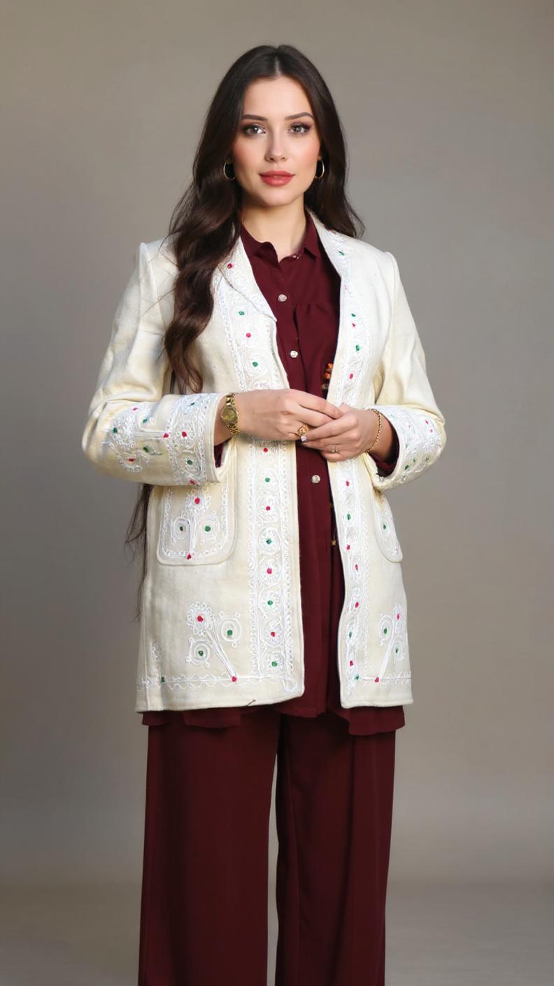 Chitrali Wool Women’s Handwoven Long Coat — Lightweight, Warm & Stylish - White Color