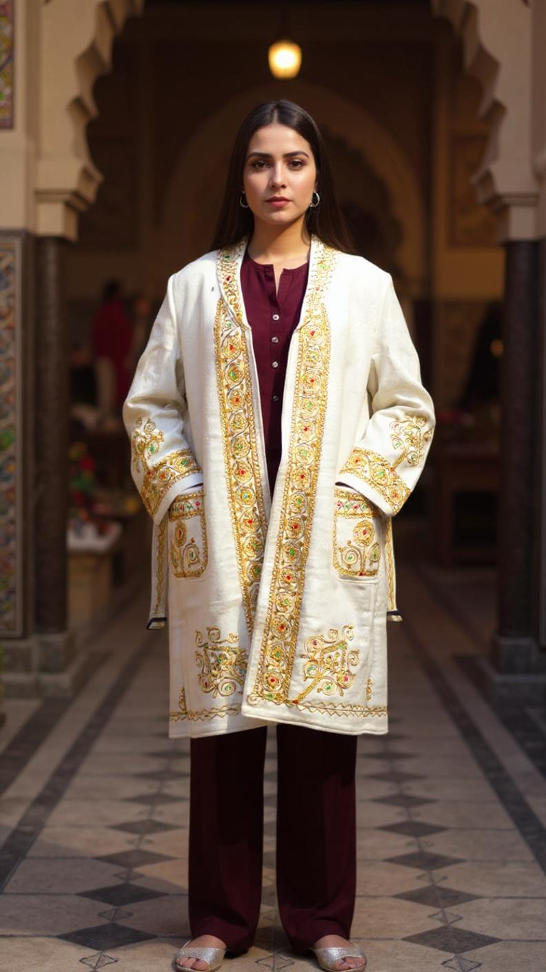 Chitrali Wool Women’s Handwoven Long Coat — Lightweight, Warm & Stylish - Off White Color