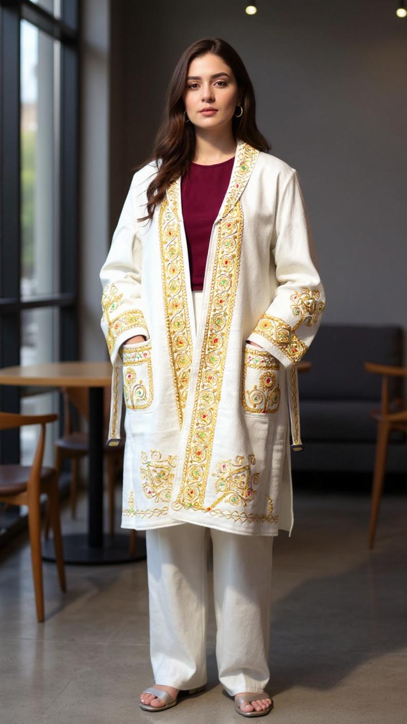 Chitrali Wool Women’s Handwoven Long Coat — Lightweight, Warm & Stylish - Off White Color