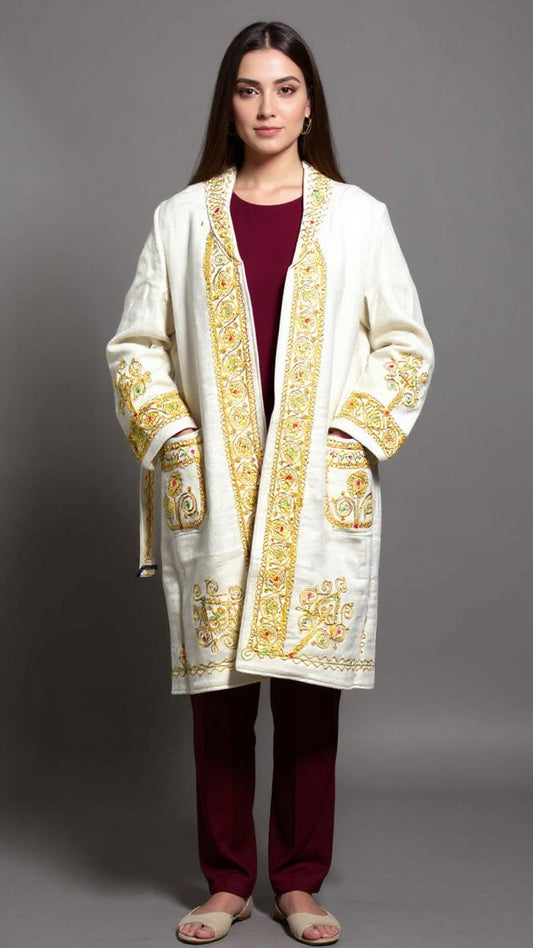 Chitrali Wool Women’s Handwoven Long Coat — Lightweight, Warm & Stylish - Off White Color