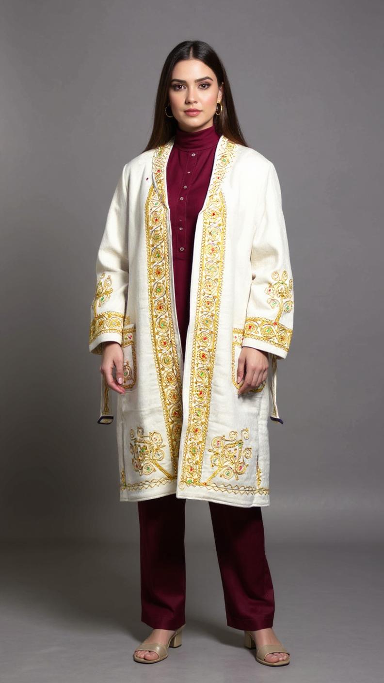 Chitrali Wool Women’s Handwoven Long Coat — Lightweight, Warm & Stylish - Off White Color