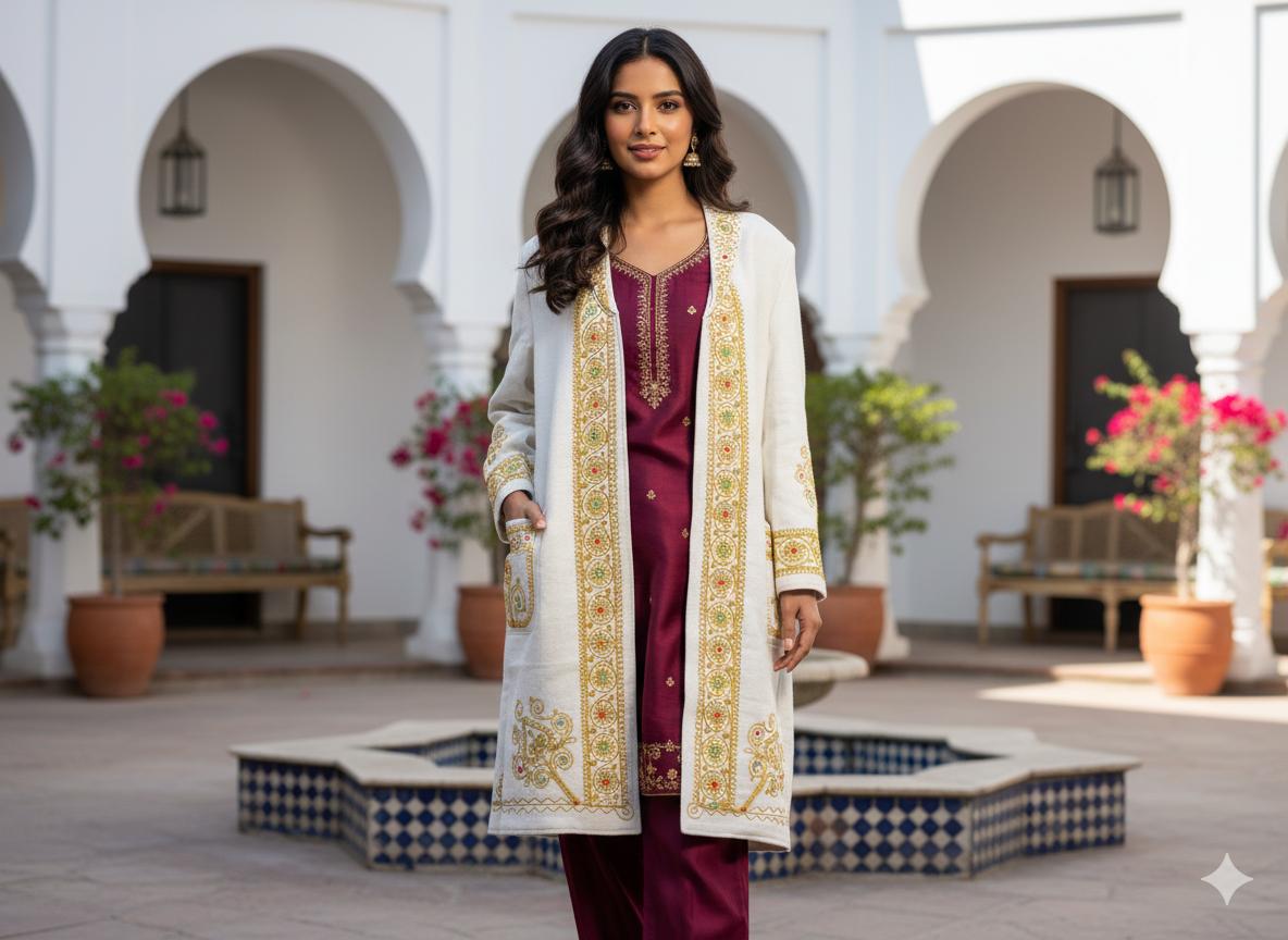 Chitrali Wool Women’s Handwoven Long Coat — Lightweight, Warm & Stylish - Off White Color