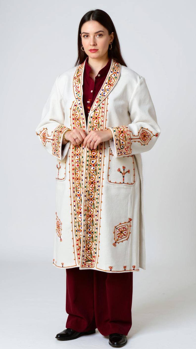 Chitrali Wool Women’s Handwoven Long Coat — Lightweight, Warm & Stylish - Off White Color
