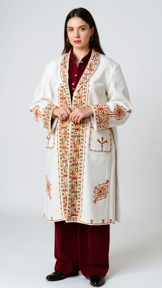 Chitrali Wool Women’s Handwoven Long Coat — Lightweight, Warm & Stylish - Off White Color