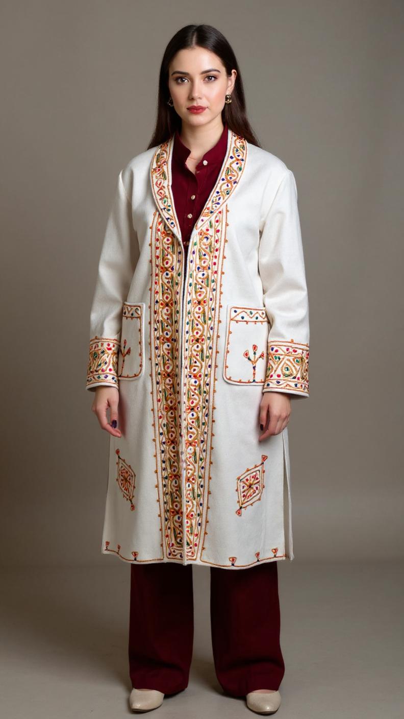 Chitrali Wool Women’s Handwoven Long Coat — Lightweight, Warm & Stylish - Off White Color - Chitral Wool
